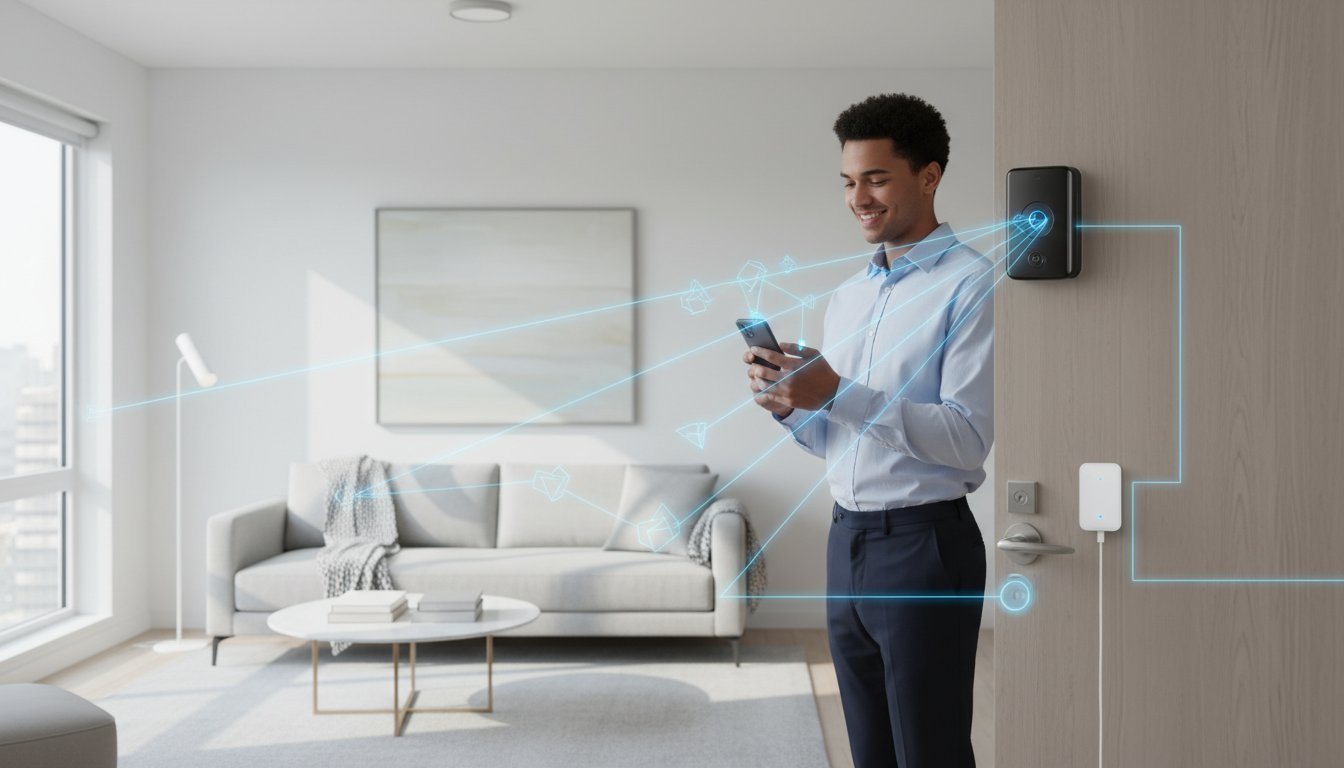 Person controlling smart home devices in a modern apartment living room using a phone, with connected lights and thermostat.